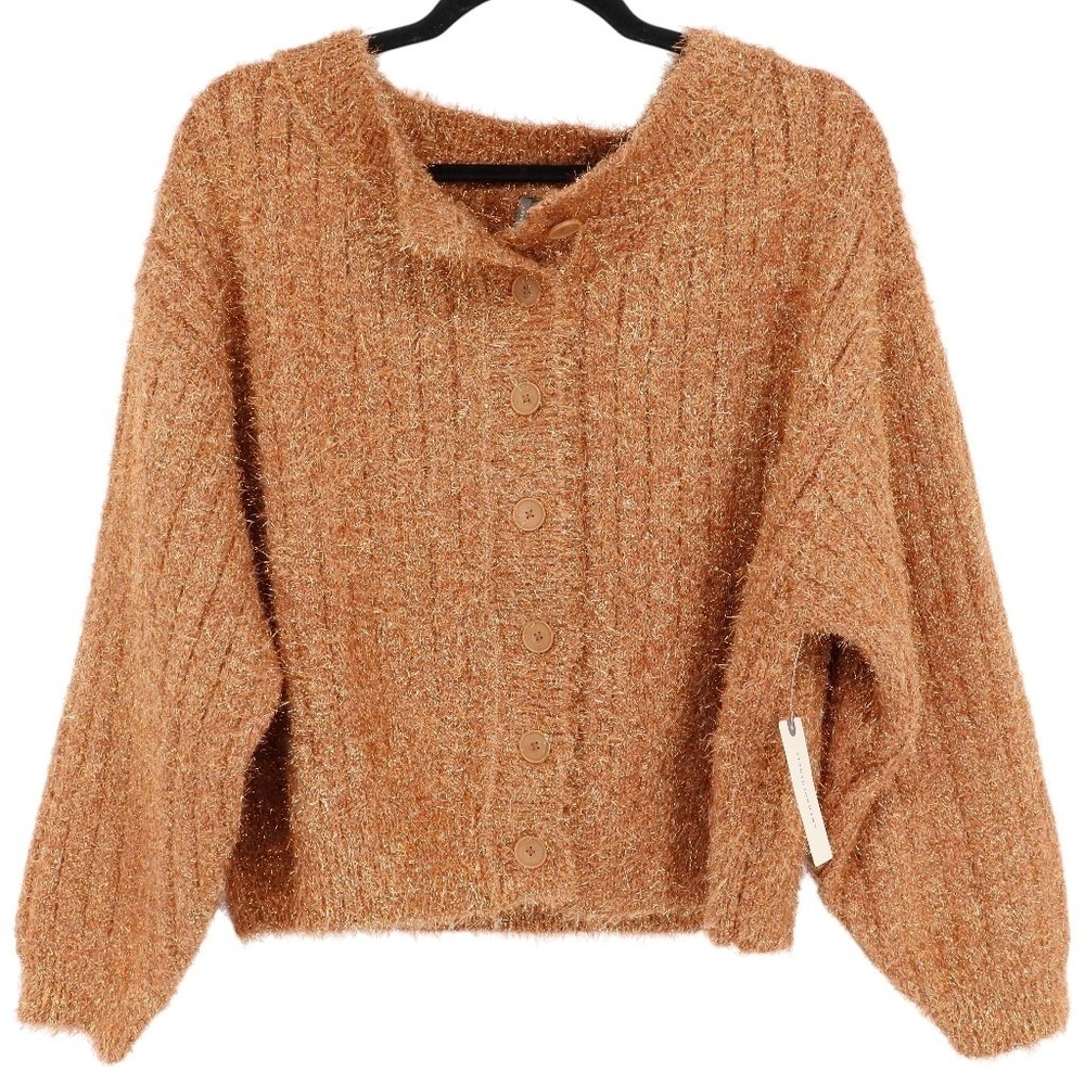 Anthropologie Boat-Neck Tinsel Cardigan Sweater Small Metallic Blush Pink Copper
